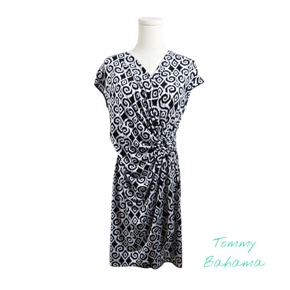Tommy Bahama Size S/P Dress V-Neck Faux Wrap Black White Geometric Print